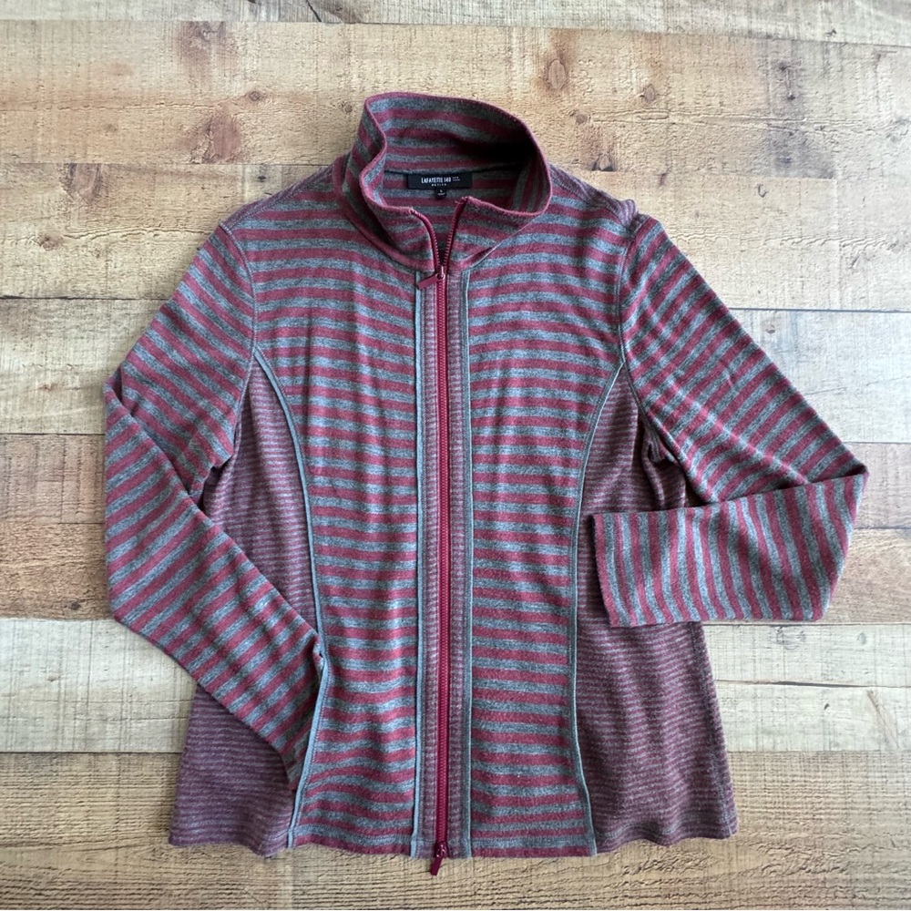 Lafayette 148 NY Striped Full Zip Light Athleisure Jacket Maroon Red Gray LARGE